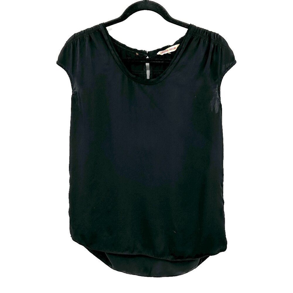 REBECCA TAYLOR Black 100% Silk Cap Sleeve Lightweight Keyhole Blouse Top Size 0